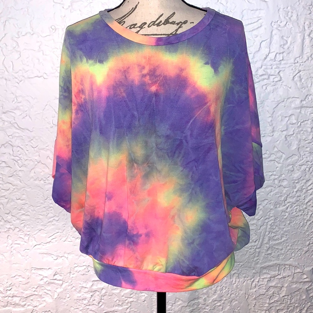 🦋Boutique Neon Tie Dye Dolman Sleeve Banded Top